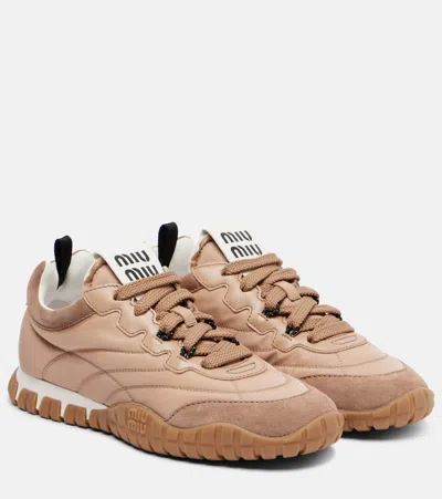 Miu Miu Tyre Sneakers In Technical Fabric And Suede Shoes In Brown