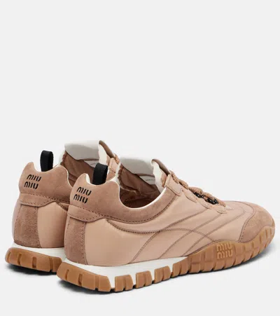 Miu Miu Tyre Sneakers In Technical Fabric And Suede Shoes In Brown