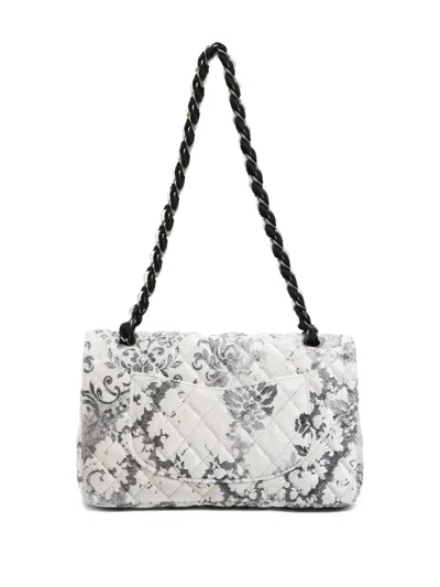 Pre-owned Chanel 2009-2010 Double Flap Damask-print Quilted Shoulder Bag In White