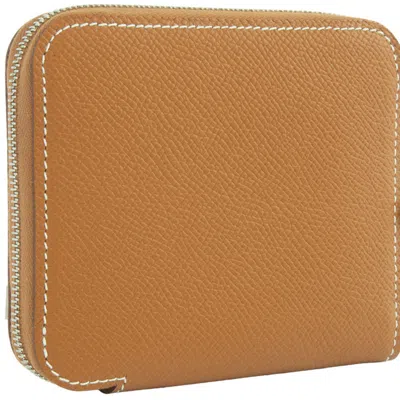 Pre-owned Hermes Brown Gold Brown Epsom Leather Silk Coin Purse/coin Case ()