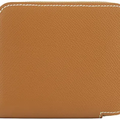 Pre-owned Hermes Brown Gold Brown Epsom Leather Silk Coin Purse/coin Case ()