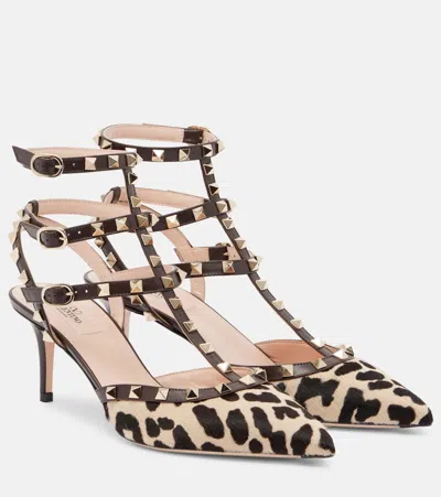 Valentino Rockstud Pointed Toe Animal Print Pumps In Brown