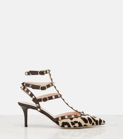 Valentino Rockstud Pointed Toe Animal Print Pumps In Brown