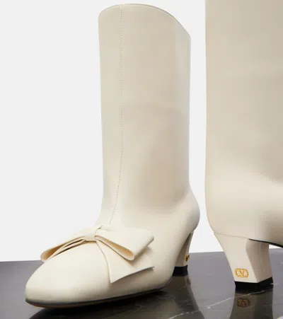 Valentino Leather Mid-calf Boots Featuring Bow Detail In White