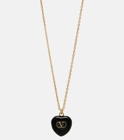 Valentino Royal Heart Metal And Enamel Chain Necklace In Black