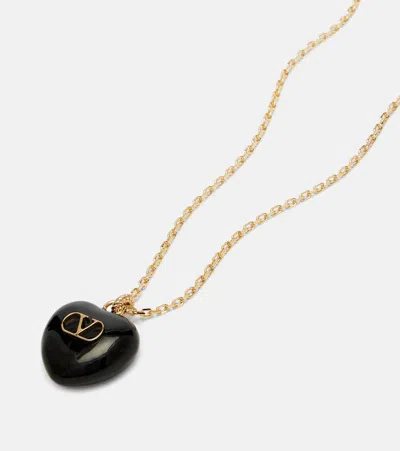 Valentino Royal Heart Metal And Enamel Chain Necklace In Black