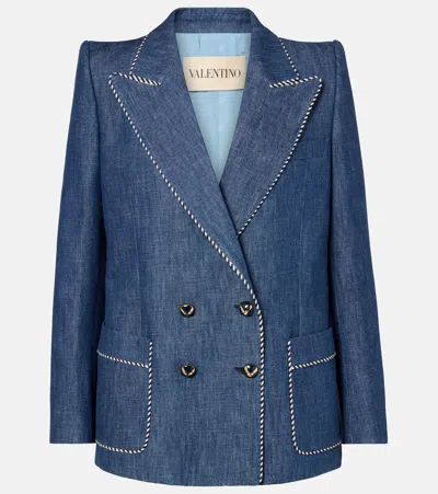 Valentino Double-breasted Chambray Blazer In Blue