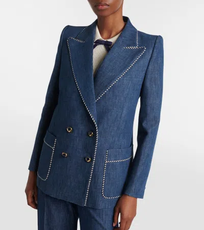 Valentino Double-breasted Chambray Blazer In Blue