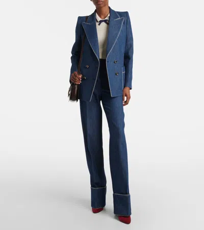 Valentino Double-breasted Chambray Blazer In Blue