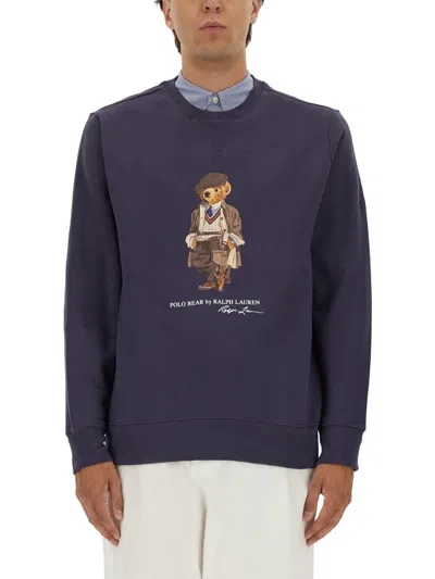 Polo Ralph Lauren Navy Blue Cotton Blend Sweatshirt With Iconic Bear Logo In Blue