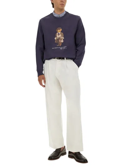 Polo Ralph Lauren Navy Blue Cotton Blend Sweatshirt With Iconic Bear Logo In Blue