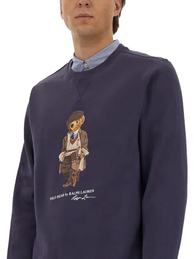 Polo Ralph Lauren Navy Blue Cotton Blend Sweatshirt With Iconic Bear Logo In Blue