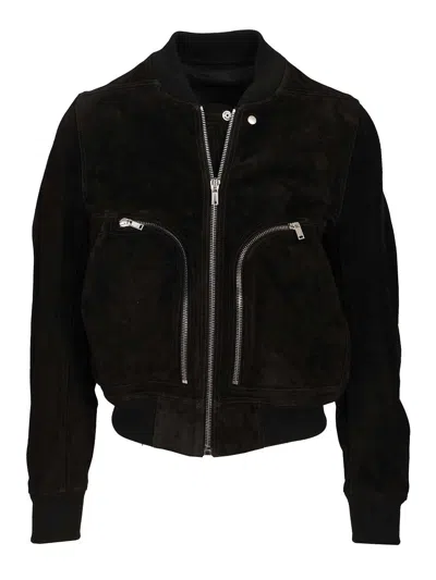 Rick Owens Leather Jacket With High Collar And Ribbed Accents In Black