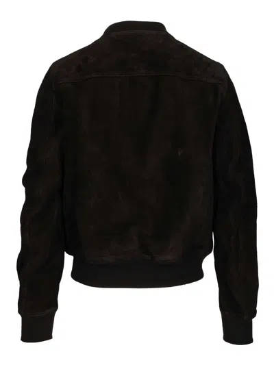 Rick Owens Leather Jacket With High Collar And Ribbed Accents In Black
