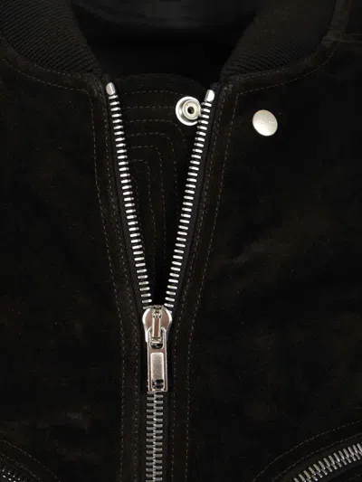 Rick Owens Leather Jacket With High Collar And Ribbed Accents In Black