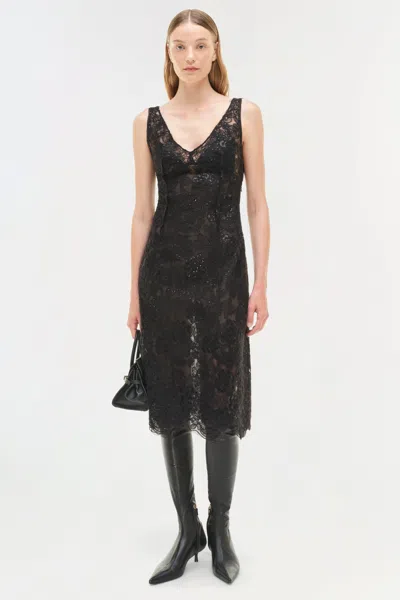 Simkhai Women's V-neck Delphine Sequin Lace Midi Dress In Black In Black
