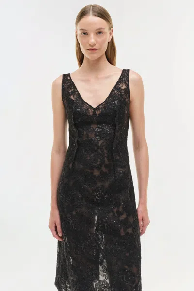 Simkhai Women's V-neck Delphine Sequin Lace Midi Dress In Black In Black