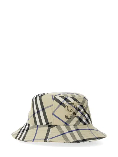 Burberry Plaid Bucket Hat With Structured Brim And Logo In Gray