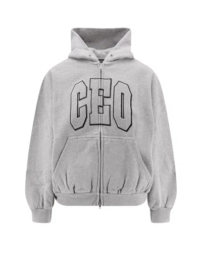 Balenciaga Zip Front Hoodie With Contrast Logo And Ribbed Details In Gray