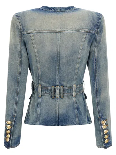 Balmain 1-button Belted Denim Jacket In Blue