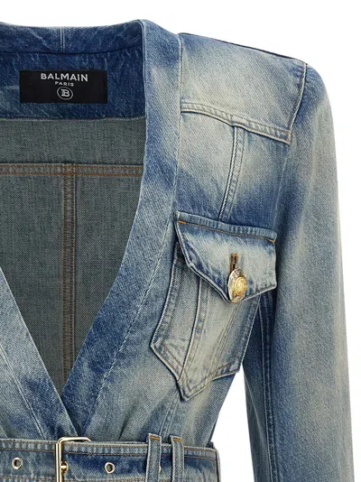 Balmain 1-button Belted Denim Jacket In Blue