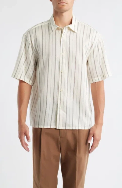 Open Edit Oversize Stripe Short Sleeve Silk Button-up Shirt In Multi