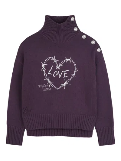 Zadig & Voltaire Heart-embroidered Turtleneck Sweater In Purple