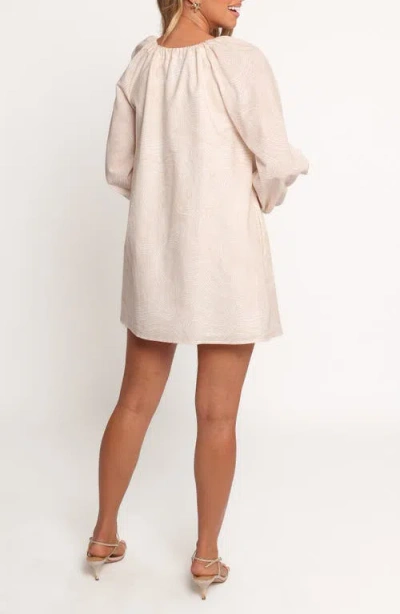 Petal And Pup Petal & Pup Walker Woodcut Print Long Sleeve Cotton & Linen Minidress In Neutral