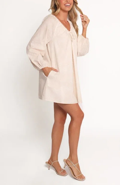 Petal And Pup Petal & Pup Walker Woodcut Print Long Sleeve Cotton & Linen Minidress In Neutral