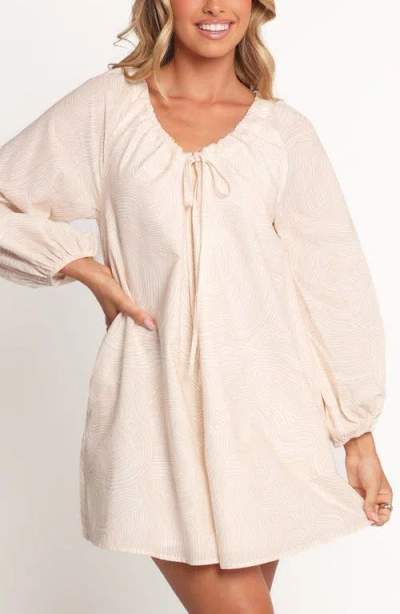 Petal And Pup Petal & Pup Walker Woodcut Print Long Sleeve Cotton & Linen Minidress In Neutral