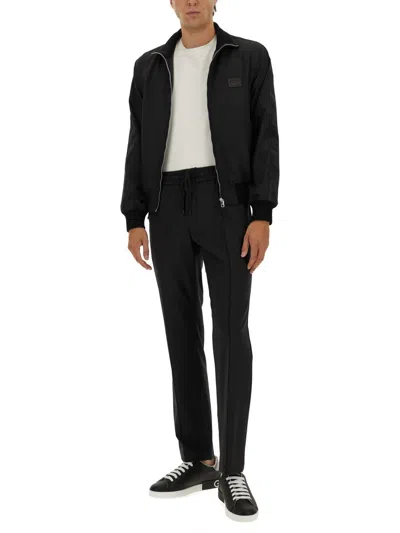 Dolce & Gabbana Zip-up Bomber Jacket With Logo Patch In Black