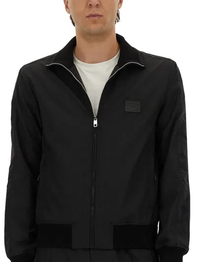 Dolce & Gabbana Zip-up Bomber Jacket With Logo Patch In Black
