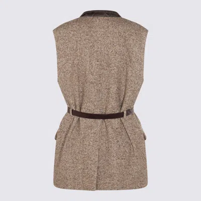 Brunello Cucinelli Waist Belted Lapel Sleeveless Textured Jacket In Brown