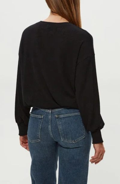 Michael Stars Tia Ribbed Crew Neck Sweatshirt With Smocked Cuffs In Black
