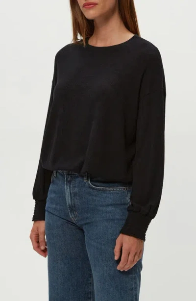 Michael Stars Tia Ribbed Crew Neck Sweatshirt With Smocked Cuffs In Black