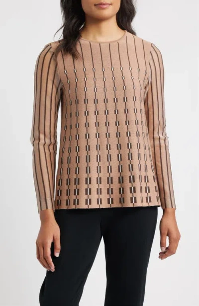 Ming Wang Vertical Stripe Sheer Sleeve Knit Top In Multi