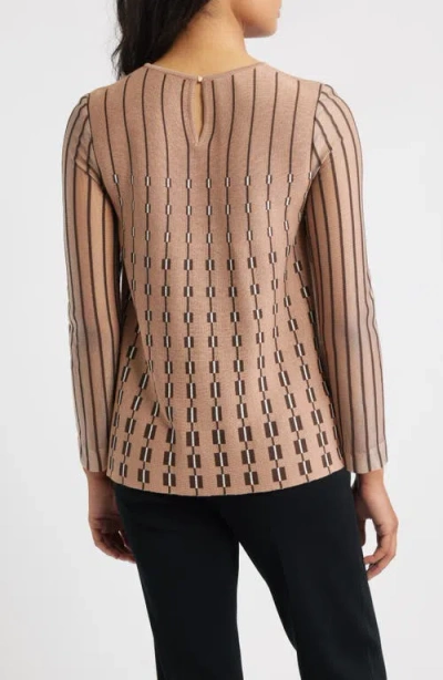 Ming Wang Vertical Stripe Sheer Sleeve Knit Top In Multi