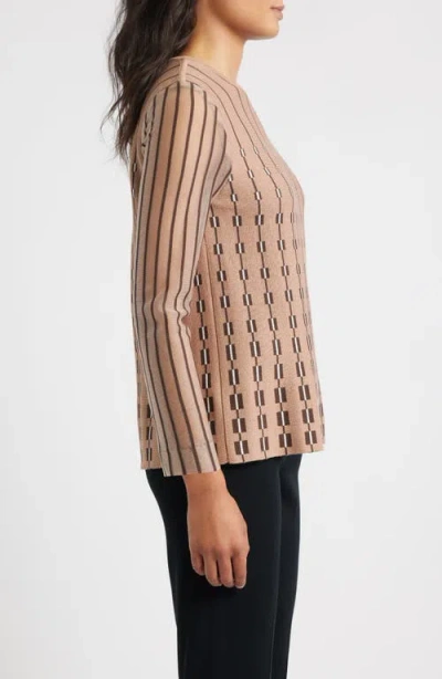 Ming Wang Vertical Stripe Sheer Sleeve Knit Top In Multi