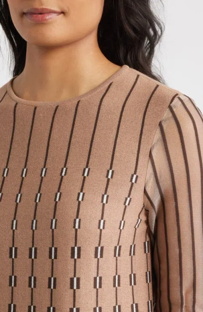 Ming Wang Vertical Stripe Sheer Sleeve Knit Top In Multi