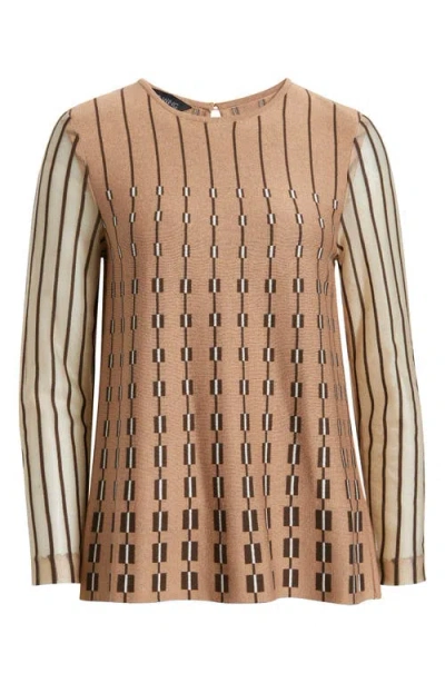 Ming Wang Vertical Stripe Sheer Sleeve Knit Top In Multi