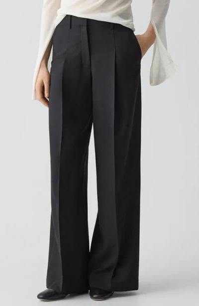 Theory Pleat Front Wide Leg Stretch Wool Pants In Black