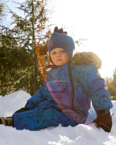 Deux Par Deux One-piece Play Snowsuit Designed For Car Seat Dinosaur In Blue