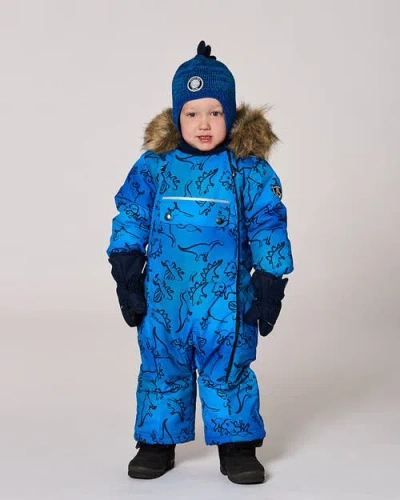 Deux Par Deux One-piece Play Snowsuit Designed For Car Seat Dinosaur In Blue
