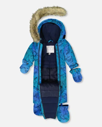 Deux Par Deux One-piece Play Snowsuit Designed For Car Seat Dinosaur In Blue