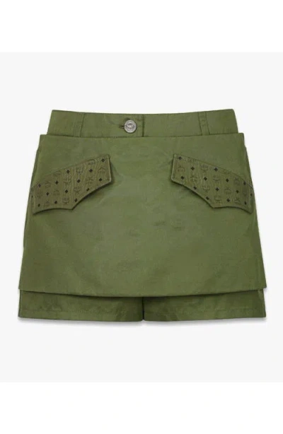 Mcm Skirt-layered Shorts In Econyl And Monogram Print Leather In Green