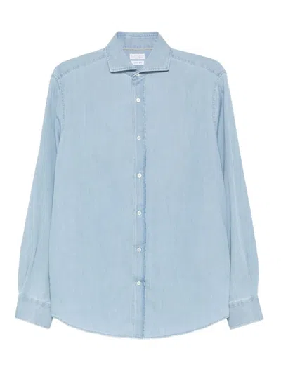 Brunello Cucinelli Denim Shirt With Long Sleeves And Curved Hem In Blue
