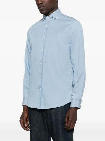 Brunello Cucinelli Denim Shirt With Long Sleeves And Curved Hem In Blue