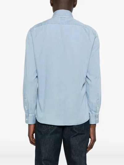 Brunello Cucinelli Denim Shirt With Long Sleeves And Curved Hem In Blue