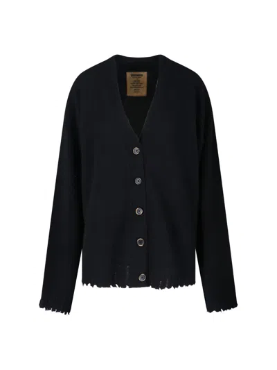 Uma Wang Frayed Hem V-neck Over Cardigan Knitwear In Black