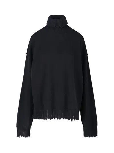 Uma Wang Knitwear Turtleneck Ribbed Distressed Hem Long Sleeves In Black